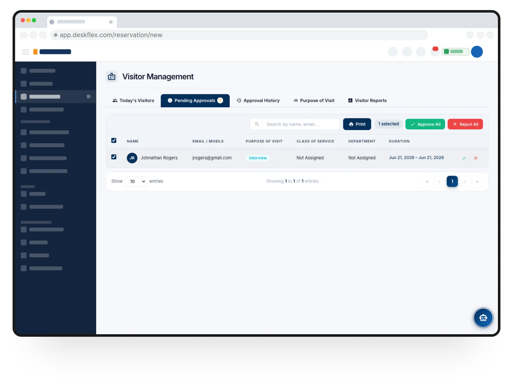 DeskFlex Visitor Management dashboard