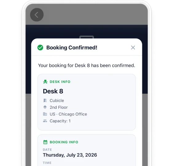 DeskFlex mobile booking confirmation for Desk 8