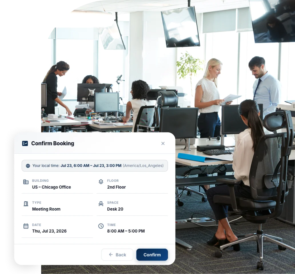 Enterprise office with a Confirm Booking dialog overlaid