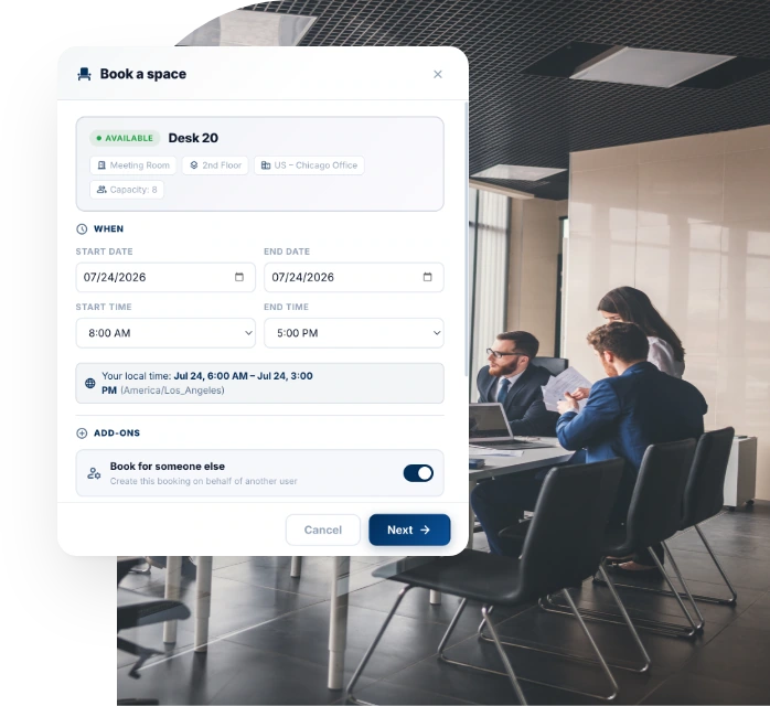 Financial services office with a Book a space dialog overlaid