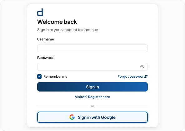 DeskFlex login screen with a Sign in with Google option