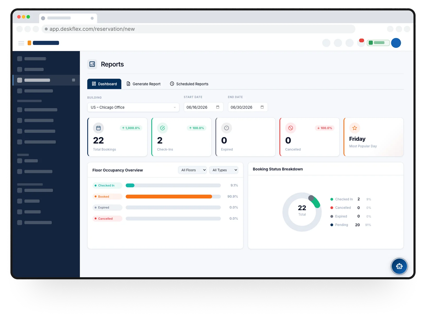 DeskFlex Check-In/Out Management dashboard