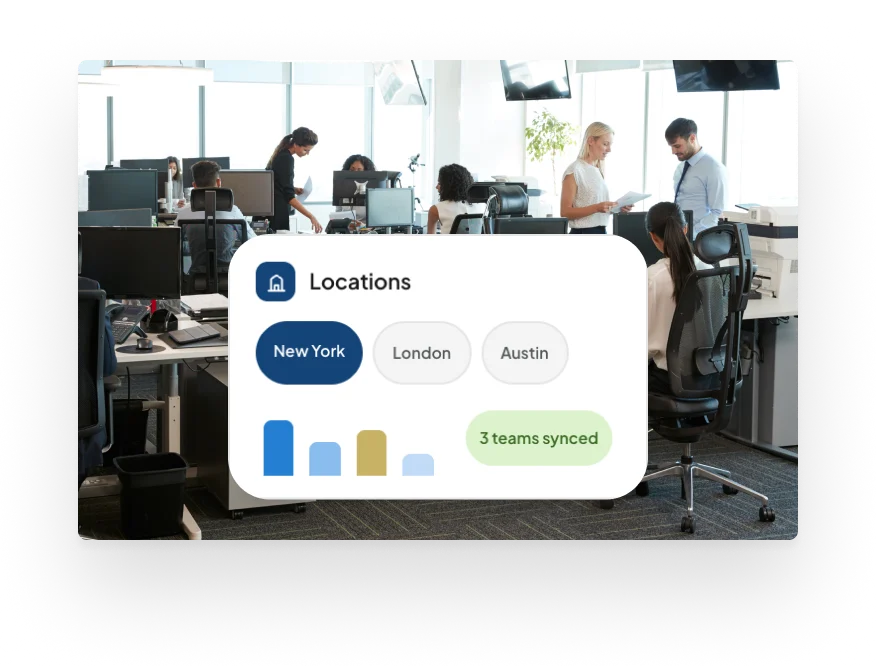 Multi-location dashboard over a photo of a busy office