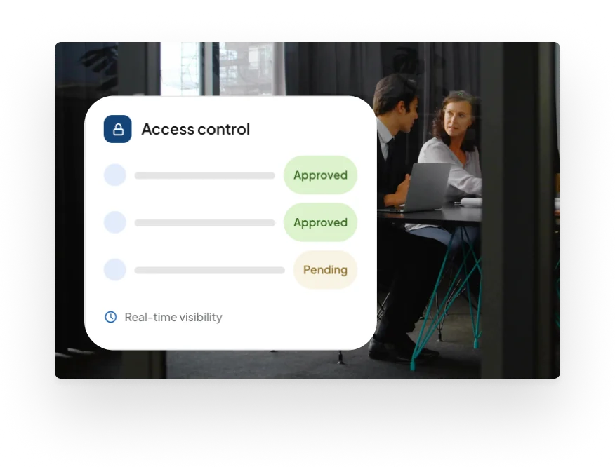 Access control approvals over a photo of coworkers meeting