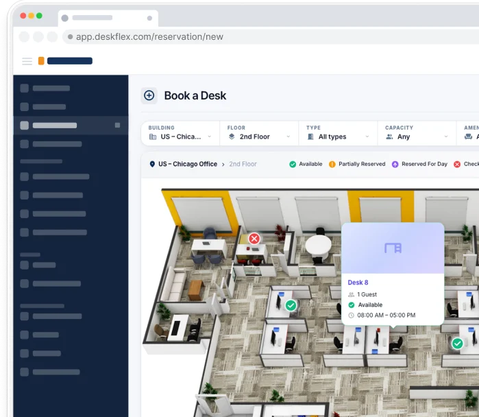DeskFlex Book a Desk interface with a 3D floor map