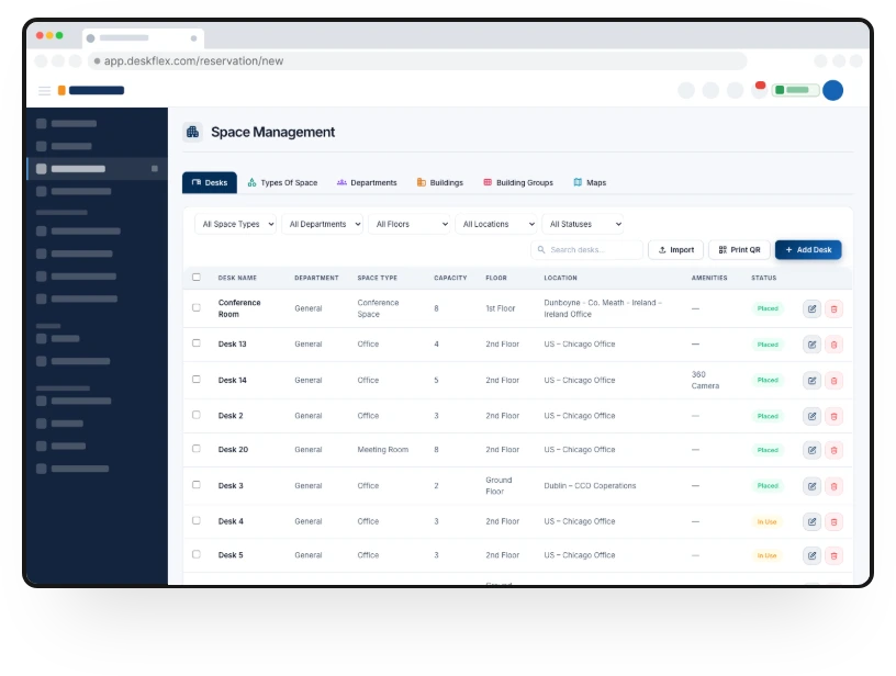Space management table listing workspaces and usage
