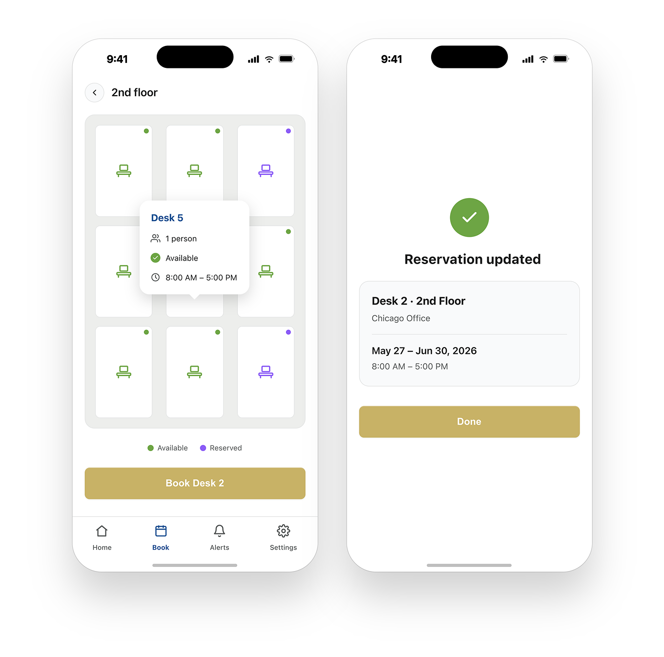 DeskFlex mobile app showing a floor plan and a confirmed reservation
