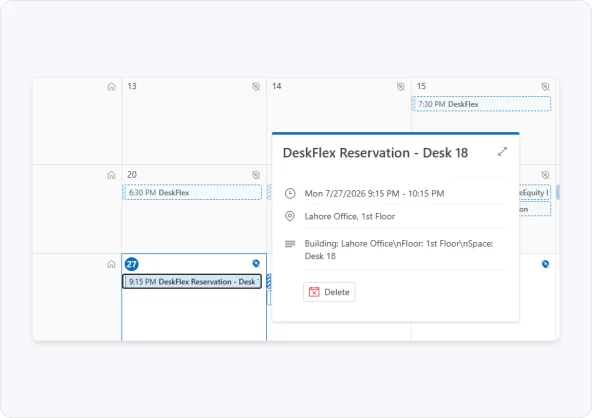 Outlook calendar showing a DeskFlex reservation for Desk 18