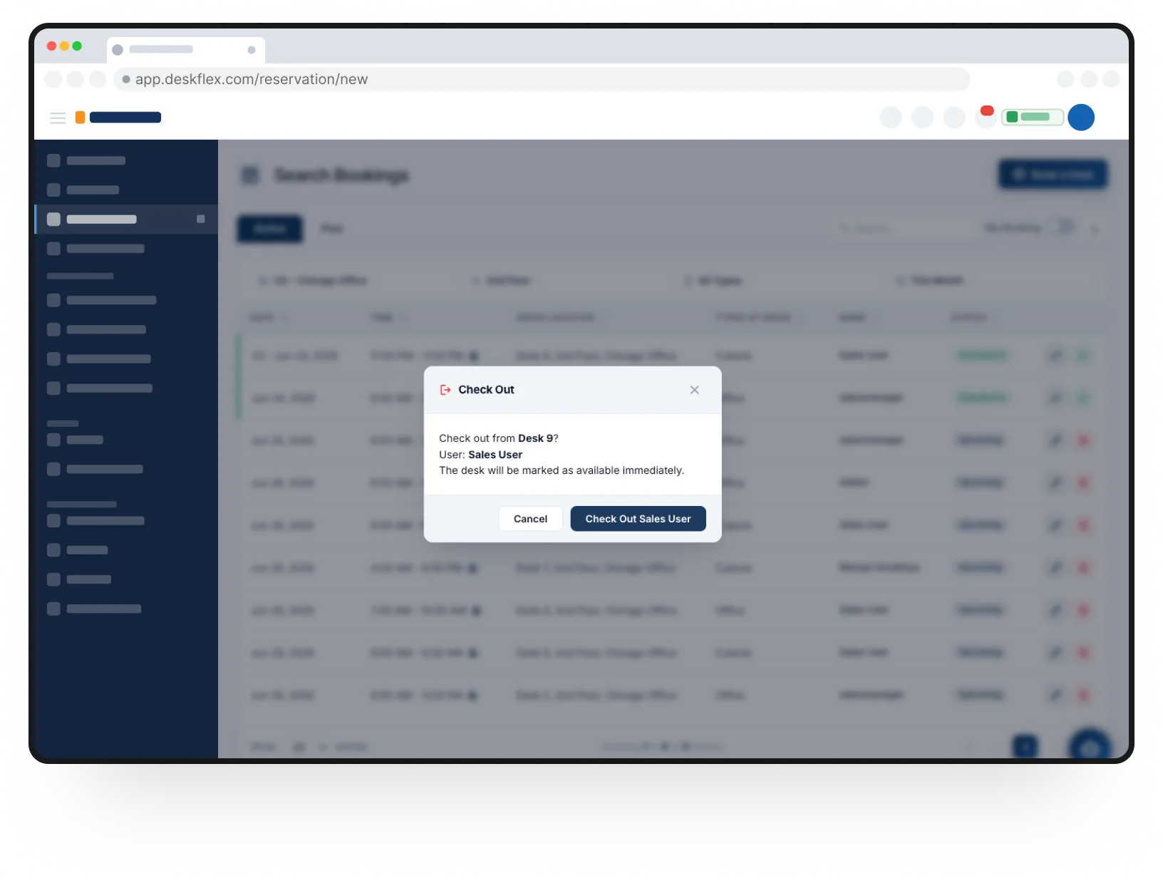 DeskFlex Check-In/Out Management dashboard