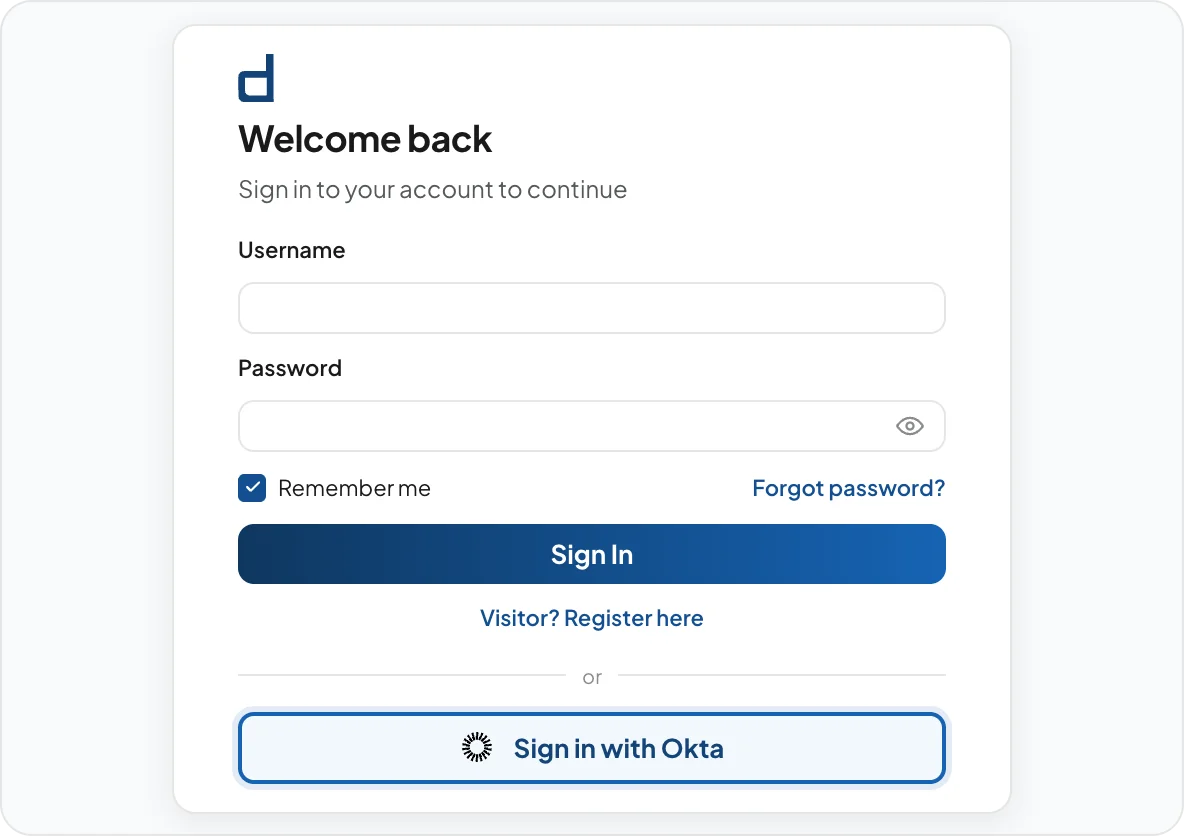 DeskFlex login screen with a Sign in with Okta option