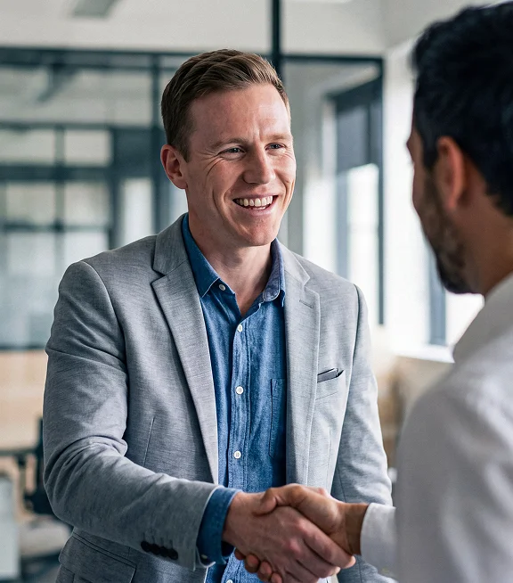 A visitor and a host shaking hands at a modern office reception